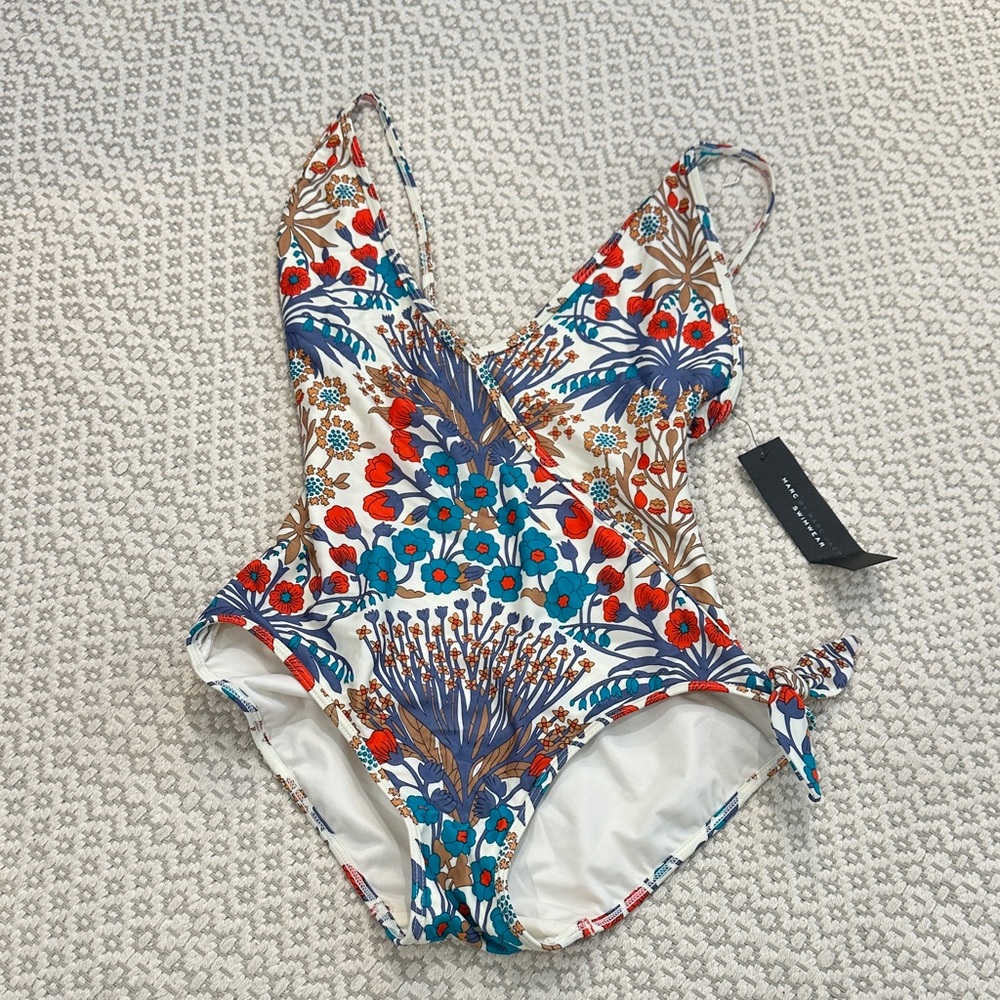 Marc Jacobs Floral One-Piece Swimsuit in White, Blue, Red, Brown